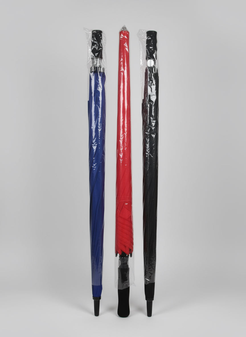 Three large umbrellas in blue, red, and black on a white background with '8491 - Large Umbrella' text.