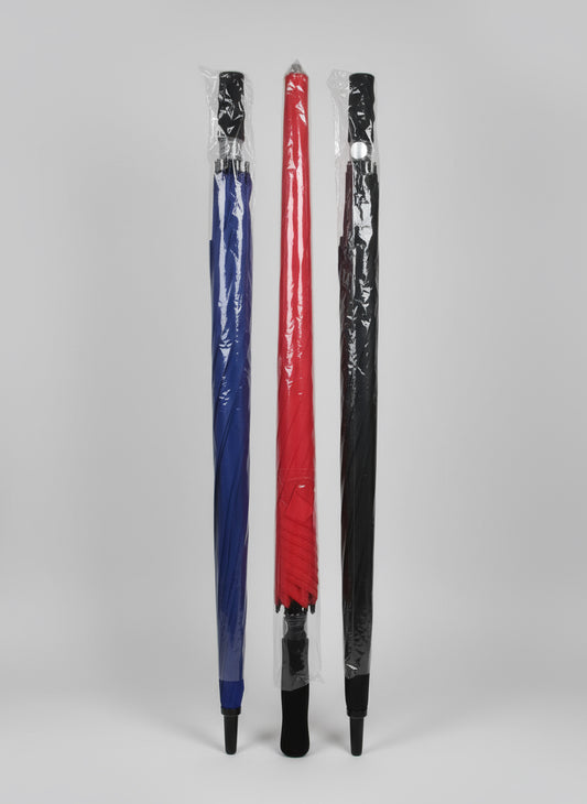 Three large umbrellas in blue, red, and black on a white background with '8491 - Large Umbrella' text.