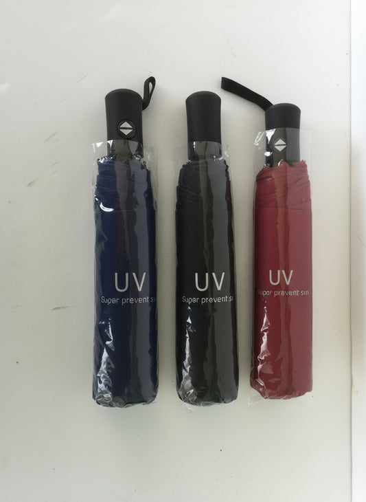 Three folded umbrellas in red, black, and blue with 'UV' text on a white background.